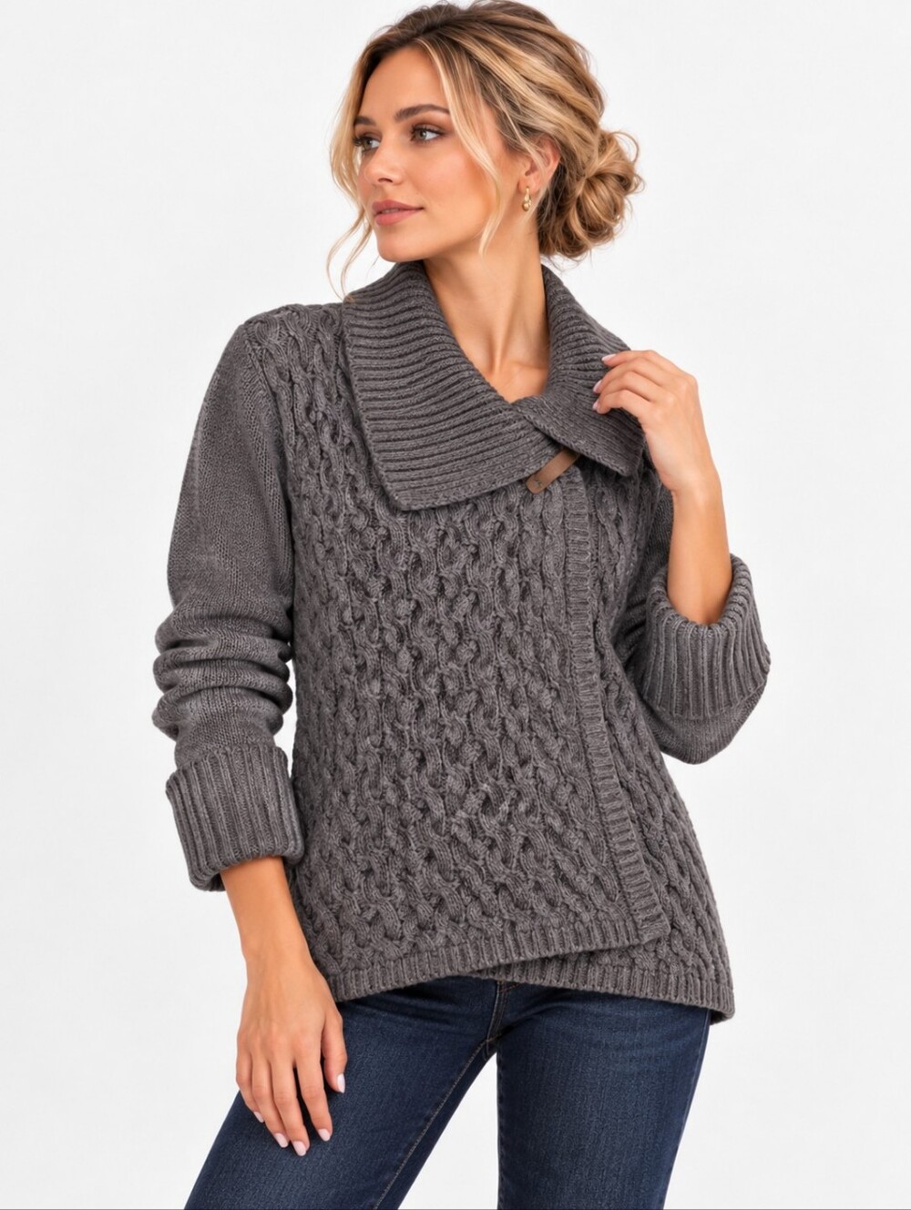 Peregrine Wool Cable Knit Wrap Sweater Jacket Gray Made in England S